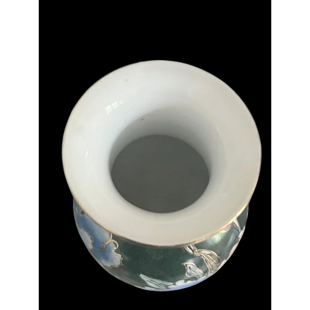 Vintage Hand Painted Chinese Porcelain Floral Vase Emerald Green Gilt 6.5in